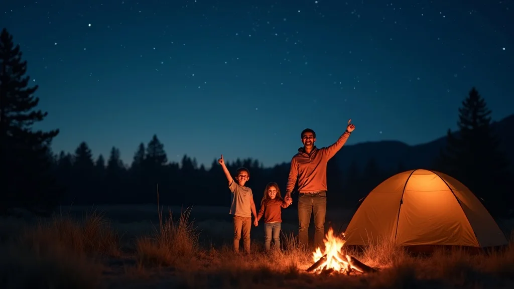 Peaceful family at a dark sky campsite in Modoc County, family members pointing at constellations, open field with campfire, star-studded sky and silhouettes of fir and pine around them.