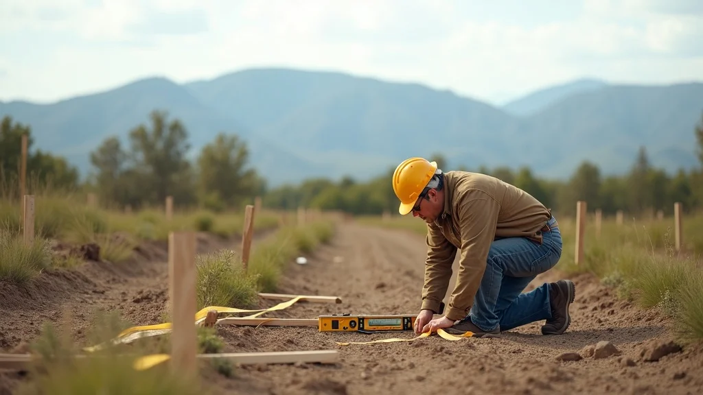 surveyor marking boundaries with stakes on raw, open land for construction