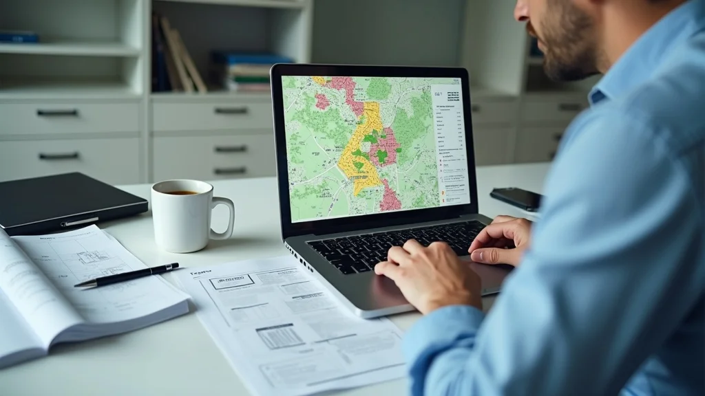 Person reviewing zoning maps for building permits for raw land in a local government office