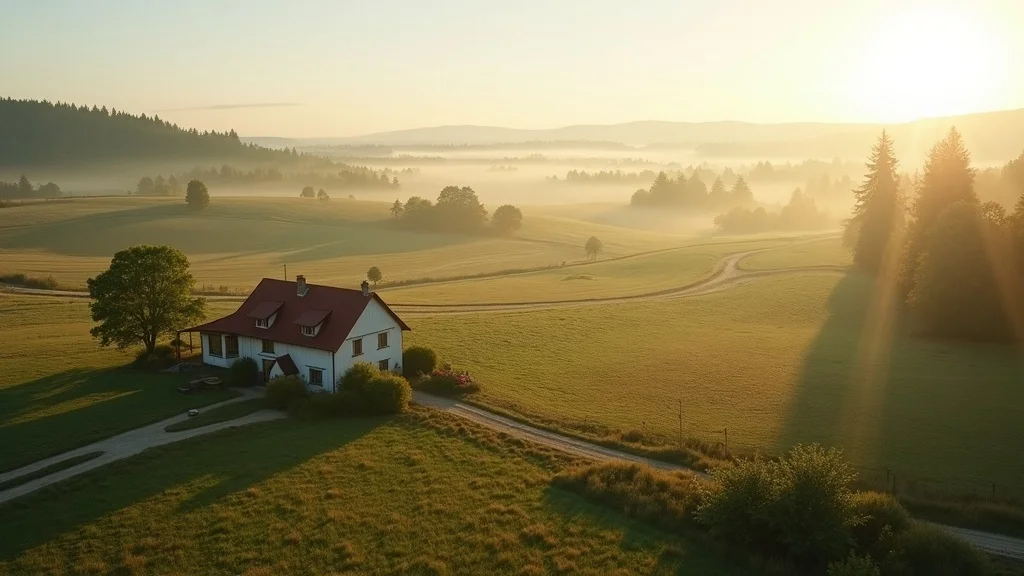 Inviting rural landscape demonstrating raw land septic system options, with scattered houses, fields, and dirt roads, viewed in soft sunrise light, photorealistic, no people visible.