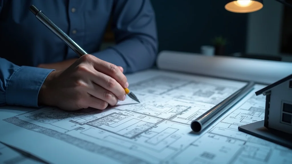 Architect drafting a site plan for raw land building permit with blueprints and model house