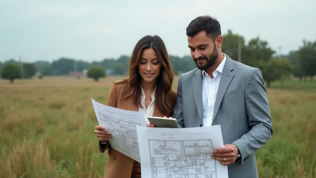 real estate professionals reviewing land maps on a field near urban edge