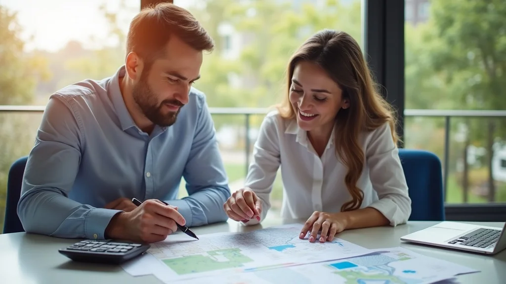 couple and mortgage advisor discussing land loans in real estate office