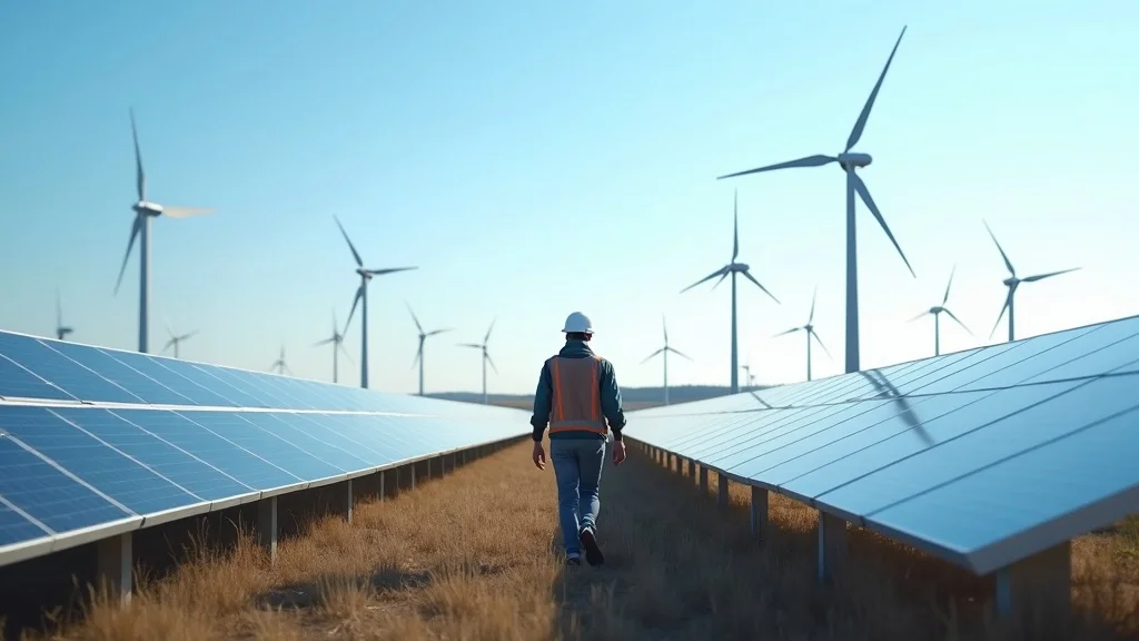 Solar panels and wind turbines on Arkansas land—technician walking between them, sustainable energy use for rural areas