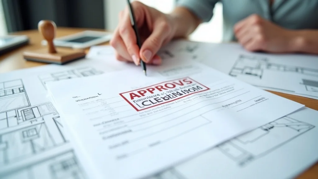 Photorealistic close-up of approved building permit documents for raw land