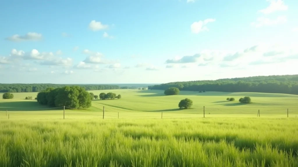 Expansive rural Arkansas landscape showing open fields, rolling hills, wild grass, and scattered trees—common uses for undeveloped land in Arkansas