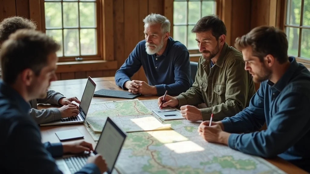 Land buyers consulting Arkansas zoning maps—group reviewing documents and maps, discussing due diligence for undeveloped land in Arkansas