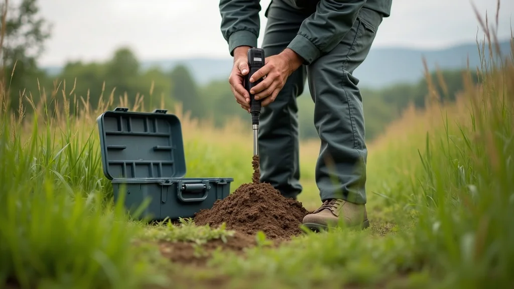 Soil testing on raw land for building permit process with technician using soil probe
