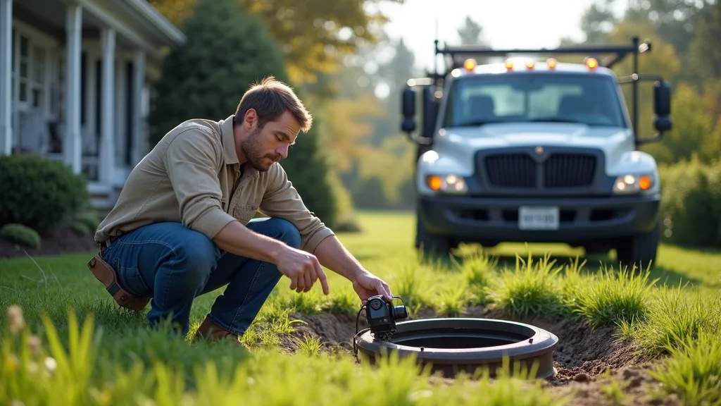 Photorealistic image of a septic maintenance technician inspecting a tank access hatch with inspection camera, beside a rural home with maintenance truck visible.