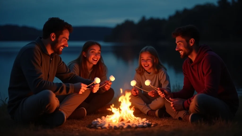family gathering around campfire, lakeside, content smiles, roasting marshmallows, cozy Arkansas outdoor scene, twilight, firelight reflection, high realism, detailed textures, warm tones, 35mm lens, no text