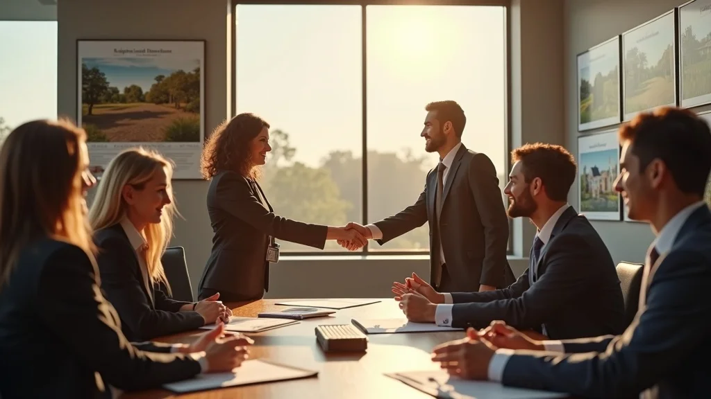 Land sales meeting in Arkansas real estate office—realtors and buyers shaking hands, with property brochures and land for sale posters