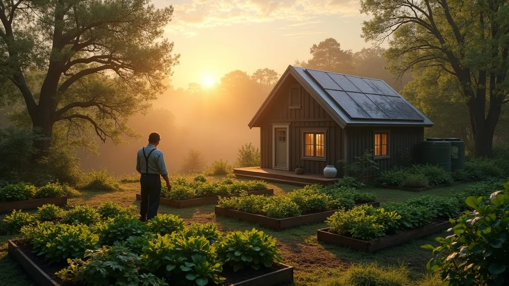 Sustainable off-grid home in Arkansas—person gardening next to solar-powered cabin, surrounded by early morning mist and forest