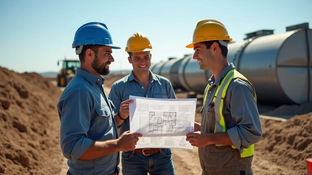 Photorealistic image of a group of septic contractors and designers reviewing blueprints on a raw land site with septic tank installation in the background.