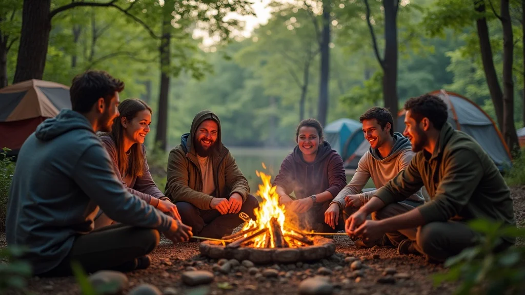 Group camping in Arkansas woods—friends around a campfire, tents, river nearby, enjoying recreational land