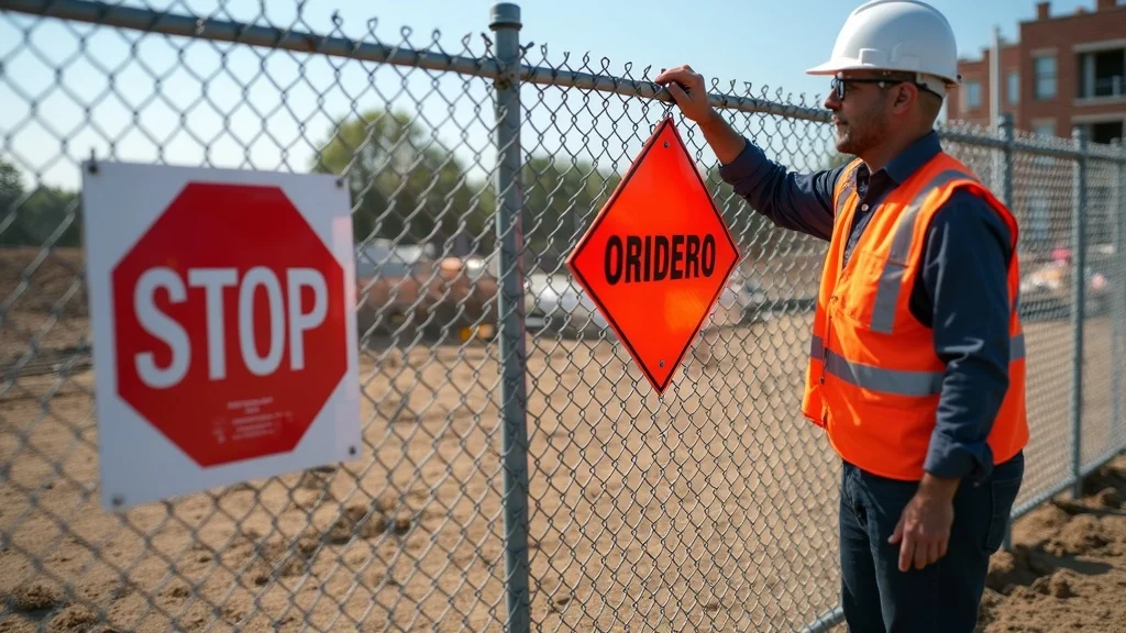 Inspector issuing stop-work order for unpermitted construction on raw land, serious risk