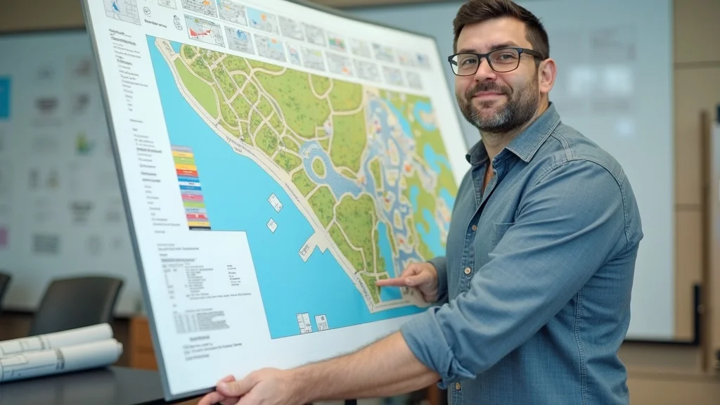 Urban planner reviewing zoning maps to assess raw land for zoning law and future development