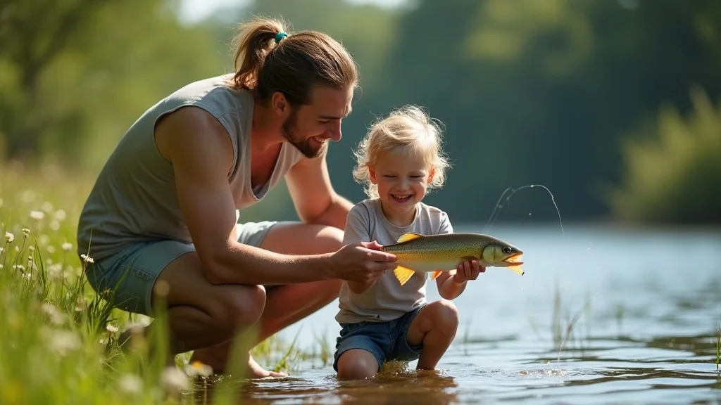 family fishing in sharp county arkansas, cheerful child shows caught fish to parent, grassy riverbank, wildflowers, tackle box, clear daylight, vibrant colors, 50mm lens, high realism, no text