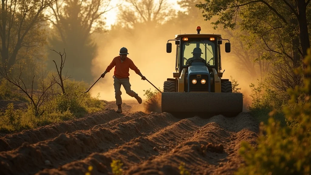 Active land clearing on raw land for building permits with workers and machinery
