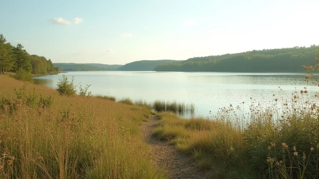 undeveloped arkansas lakeshore, tranquil, open, natural grasses, wildflowers, distant wooded hills, calm reflective water, organic greens, earthy browns, soft blues, late afternoon, ultra-realistic, 28mm lens, no text
