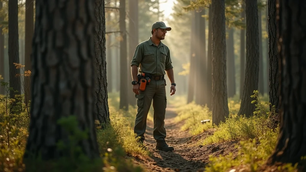 Managed Arkansas timberland—forester inspecting pine trees in a dense, sunlit forest, showing forestry management practices
