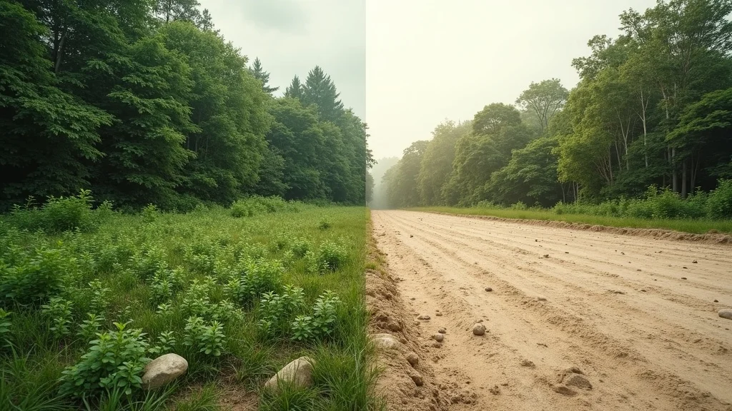Conceptual split image comparing untouched raw land and a cleared vacant land lot for land valuation