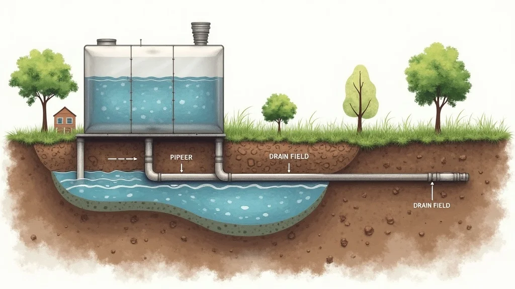 Photorealistic cross-section diagram of a basic septic system with tank, drain field, and pipes, illustrating raw land septic system options and soil layers in detail.