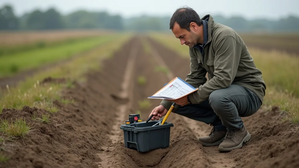 Photorealistic image of a soil scientist performing a percolation test on raw land, with tools, open soil holes, and field notes nearby.