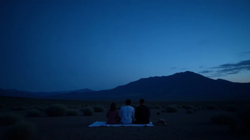 Majestic volcanic landscape at twilight in Modoc County with tranquil figures sitting on a blanket, broad volcanic plains, distant hills, and a deepening indigo sky as the first stars appear.