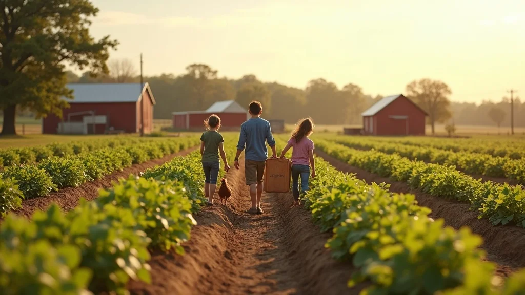 Small-scale family farm in Arkansas—family tending gardens and chickens, children helping, set in sunlit fields