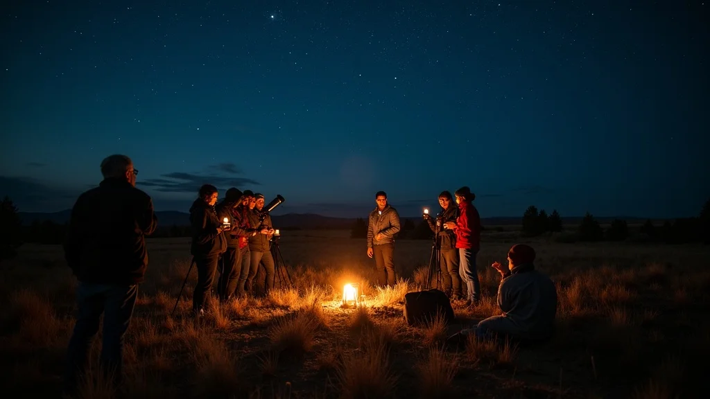 Community star party in a remote Modoc County field, groups gathered with telescopes and hot drinks under the open plateau, lanterns, and faint bands of the Milky Way overhead.