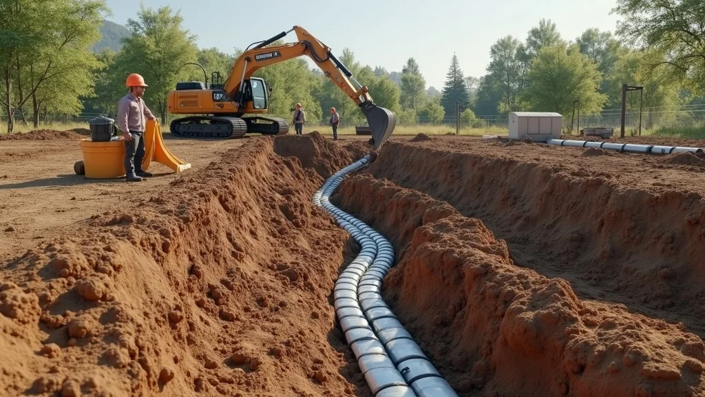 Construction site featuring installation of a drain field for a septic system on raw land, workers handling pipes and machinery in natural rural setting.