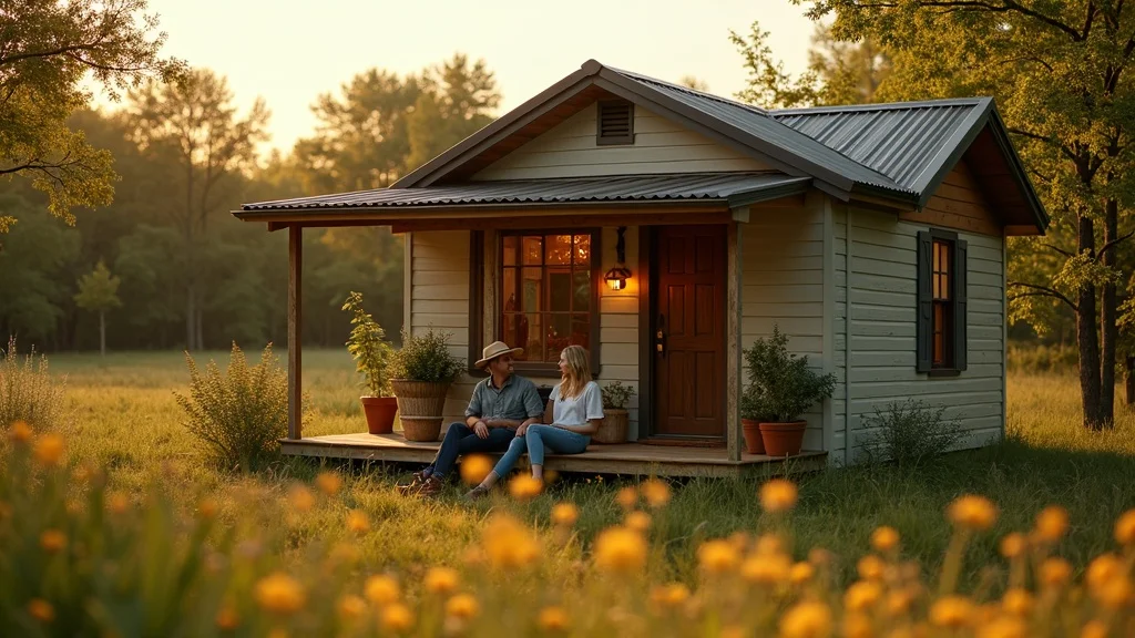 Charming tiny house on rural Arkansas land—cozy, content, couple sitting on porch, surrounded by woodlands