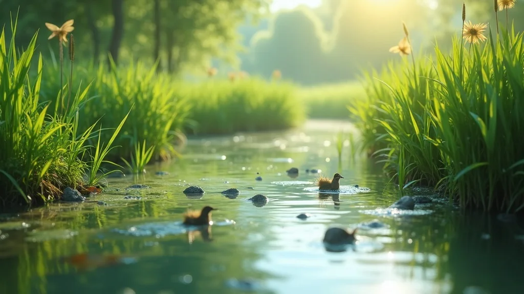 Photorealistic constructed wetland for raw land septic systems, showing healthy functional ecosystem with clear water, aquatic plants, and birds.