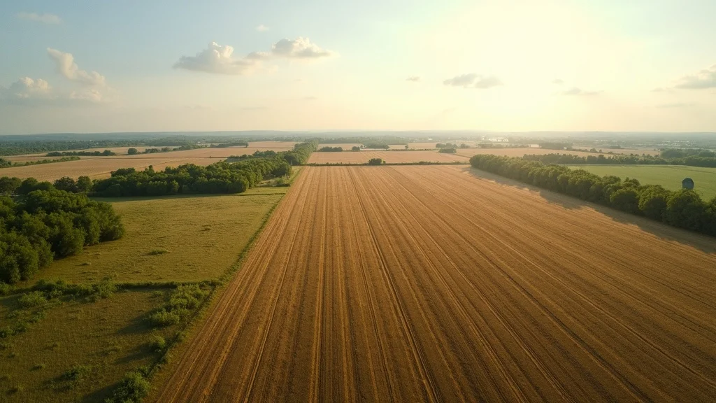 Aerial view of undeveloped raw land landscape with visible property lines, building permits for raw land