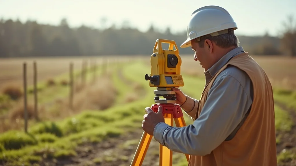 Clean property boundary land surveyor working near raw land for building permit application