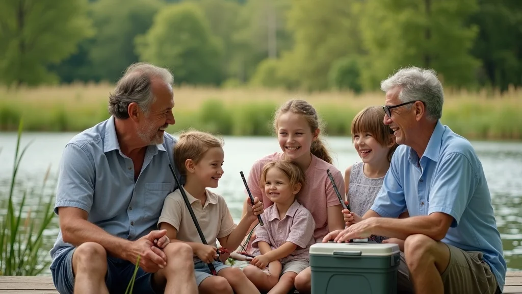 community fishing, joyful multi-generational family on dock, fishing pond, lush Arkansas countryside, grandparent and children, picnic basket, high texture detail, realistic, bright greens, soft blues, midday sun, 85mm lens, no text