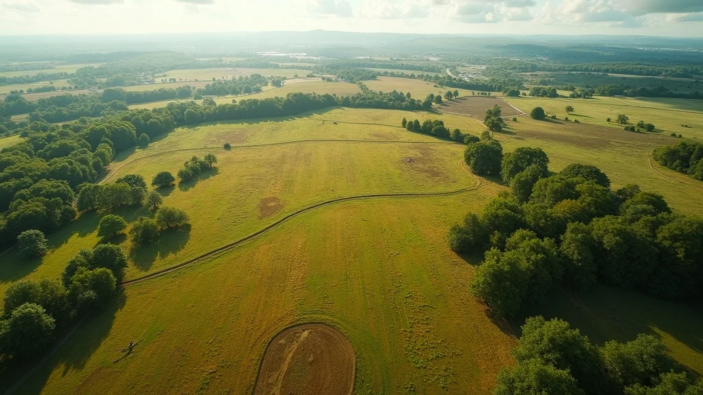 Aerial view of raw land parcel with mixed grassy fields, trees, and sunlight for how to evaluate raw land